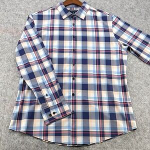 Mizzen+Main Mens Trim Performance Plaid Button Down Shirt Blue Peach XL